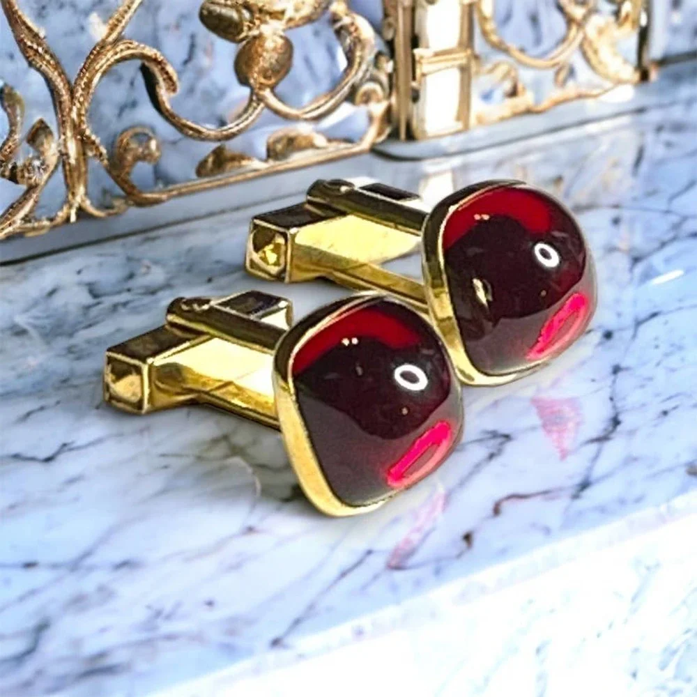 Anson Vintage Cufflinks Gold Tone Cherry Red Lucite